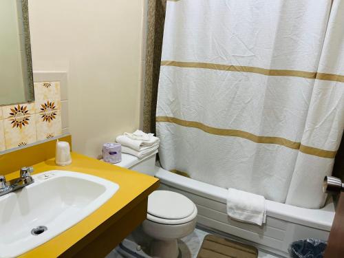 a bathroom with a sink toilet and a shower curtain at Sunset Inn in Niagara Falls