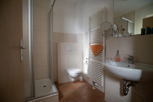 a bathroom with a sink and a toilet and a shower at Haus Hotel Inter in Buxtehude