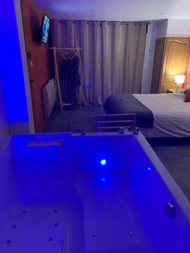 ein Bad mit einer Badewanne in einem Zimmer mit einem Bett in der Unterkunft Studio Cosy avec Jacuzzi Privatif et Terrasse in Hazebrouck