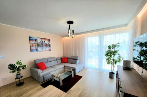 ein Wohnzimmer mit Sofa und Tisch in der Unterkunft Eksclusive Apartment PARADISE DOWN TOWN 6 persons 3 rooms in Krakau