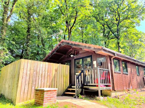 a small wooden cabin with a porch in the woods at Snowdrop 9 Hot Tub-Woodlandlodges-Pembrokeshire in Carmarthen