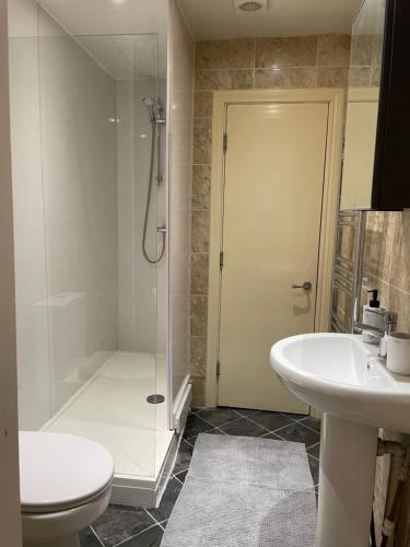 a bathroom with a shower and a toilet and a sink at Earl Grey flat by HNFC Stays - Finest tea & Coffee in Newcastle upon Tyne