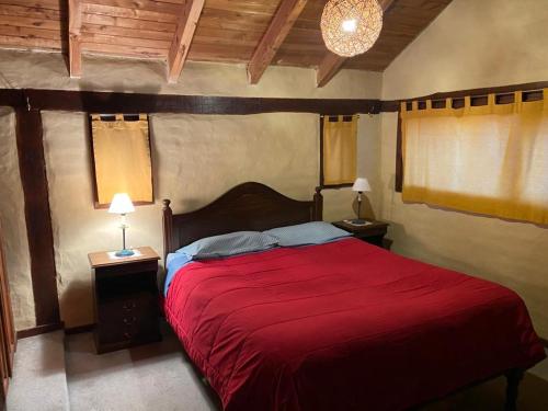 a bedroom with a red bed with two night stands at La mas bella vista in San Carlos de Bariloche