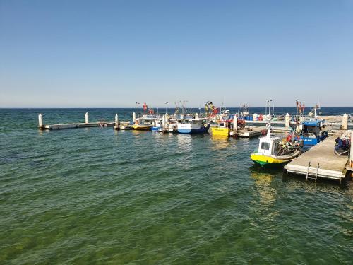 a group of boats docked at a dock in the water at Apartament Piaskowa Duna in Mechelinki