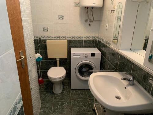 a bathroom with a toilet sink and a washing machine at Apartmani Auer in Pješčana Uvala