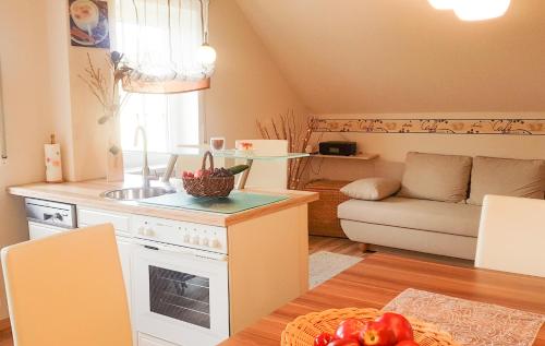 a kitchen and living room with a sink and a table at Schöne, helle, ruhige Wohnung und Wellness Sauna 