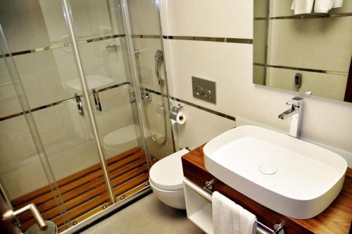 a bathroom with a shower and a toilet and a sink at Avin Hotel in Izmir