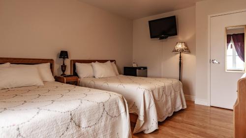 a bedroom with two beds and a flat screen tv at Auberge Akamaraska in Kamouraska