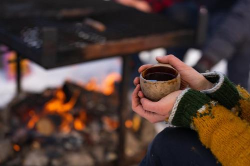 uma pessoa segurando uma xícara de café em frente a uma lareira em Reindeer Lodge em Jukkasjärvi