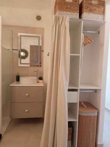 une salle de bain avec un rideau de douche et un lavabo dans l'établissement Horizon d'Azur, à Fréjus
