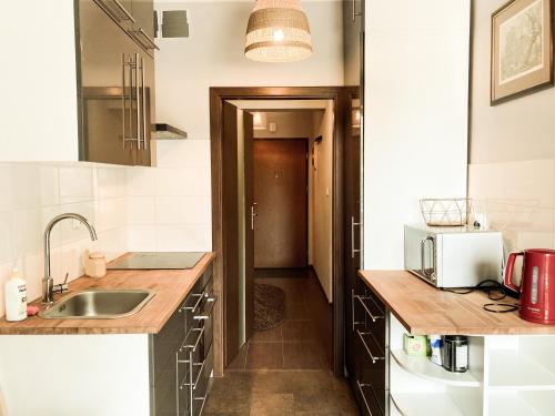 a kitchen with a sink and a microwave at Apartment Gdansk Close to Oldtown in Gdańsk