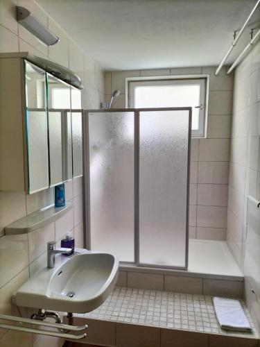 a bathroom with a shower and a sink at Monteurenwohnung im Untergeschoss mit Tageslicht in Bad Urach
