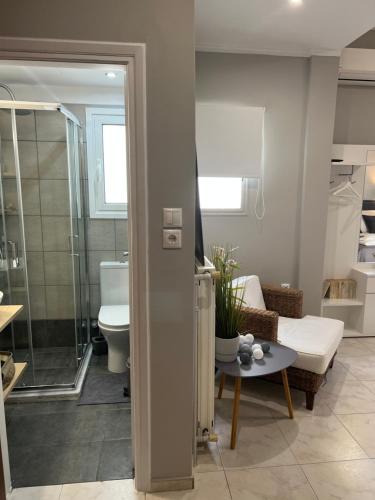 a bathroom with a shower and a living room at Living in Plaka at Nikis str in Athens