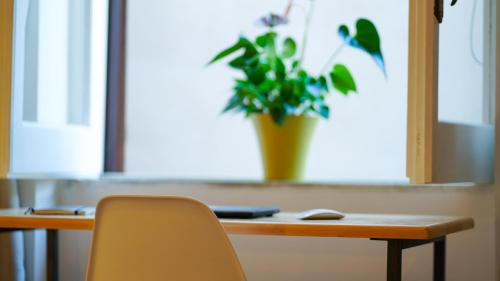 a desk with a chair and a plant in a window at Castellabate Apartments Camere in Castellabate