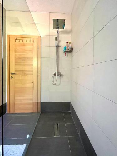 a bathroom with a shower with a wooden door at A Breath of Fresh Air in Gusinje