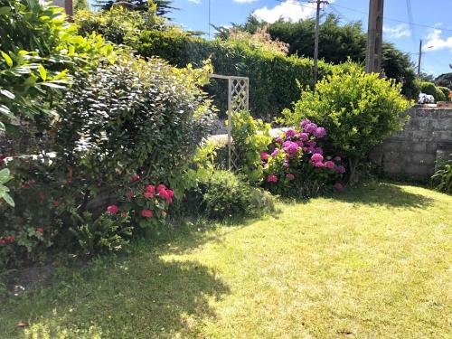 a garden with colorful flowers and a fence at La petite maison du coin de Loguivy de la Mer in Ploubazlanec