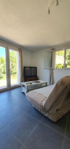 Schlafzimmer mit einem Bett und einem Flachbild-TV in der Unterkunft Ma vie là in Patrimonio