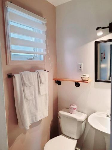 a bathroom with a toilet and a sink and a window at Motel Abricafé in Stoneham