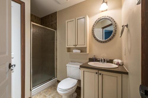 a bathroom with a toilet and a sink and a mirror at Aiglon by Rendez-Vous Mont-Tremblant in Mont-Tremblant