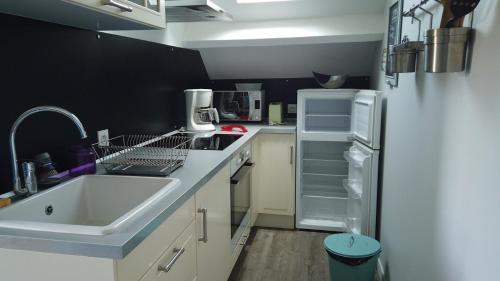 une petite cuisine avec un évier et un réfrigérateur dans l'établissement Appartement cosy à quelques mètres de la plage, à Pornichet