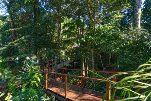 a wooden bridge in the middle of a forest at Selva de Laurel in Puerto Iguazú