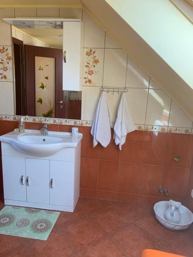 uma casa de banho com um lavatório e um espelho em Casa Lenke em Săcele