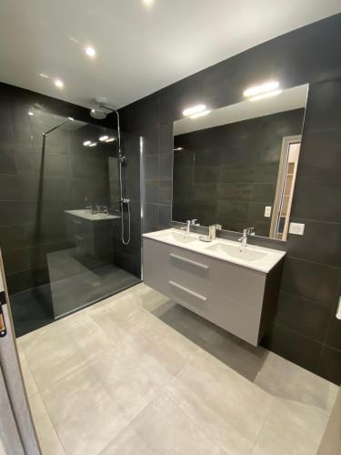 La salle de bains est pourvue de 2 lavabos, d'une douche et d'un miroir. dans l'établissement Residence LMG 