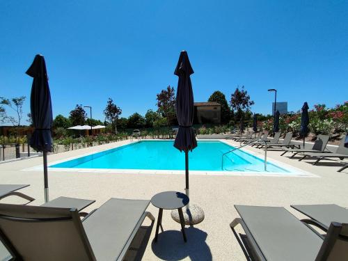 a swimming pool with chairs and umbrellas at Garda Di Vino Agricamping & Wine Shop Lazise in Ronchi