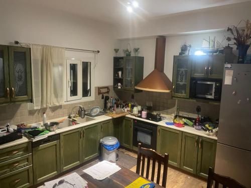 a kitchen with green cabinets and a table in it at Mountain House Pagoi in Págoi