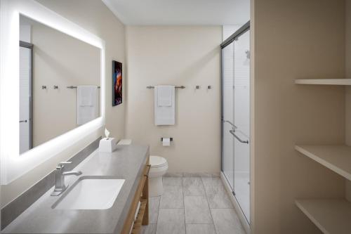 a bathroom with a sink and a toilet and a shower at Candlewood Suites - Roanoke Airport in Roanoke