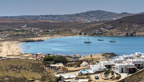 a view of a beach with boats in the water at Nefeli Residence & Suite Ftelia beach Mykonos in Elia