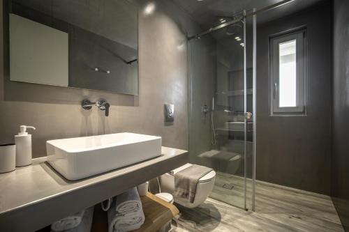 a bathroom with a sink and a glass shower at Nefeli Residence & Suite Ftelia beach Mykonos in Elia