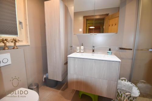 W łazience znajduje się umywalka, prysznic i toaleta. w obiekcie Ferienwohnung Chalet Tamalone, Mörel w mieście Breiten