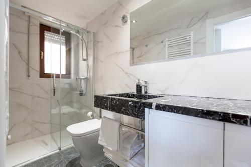 a bathroom with a sink and a toilet and a shower at APARTAMENTOS NIZA in Santander