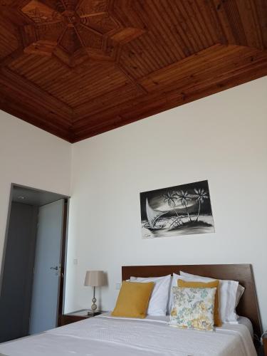 a bedroom with a bed with a wooden ceiling at Casa Afonso - Passadiços do Paço in Aveiro