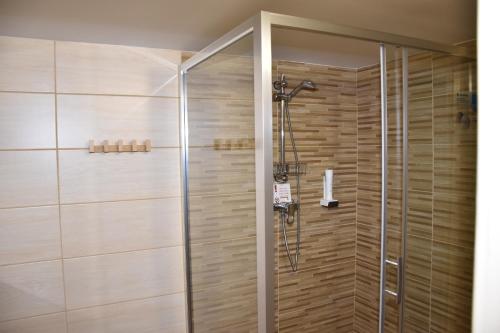 a shower stall in a bathroom with wooden tiles at Chalupa Abecha in Dolní Poustevna