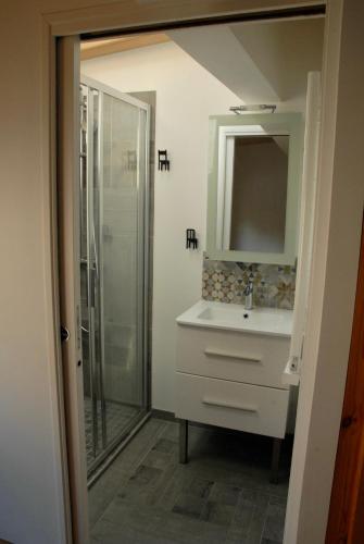 une salle de bain avec une douche, un lavabo et un miroir dans l'établissement La maison du fond, à Honfleur
