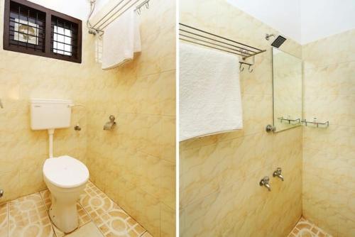 two pictures of a bathroom with a toilet and a shower at The Solo Apartments Kadavanthra in Ernakulam