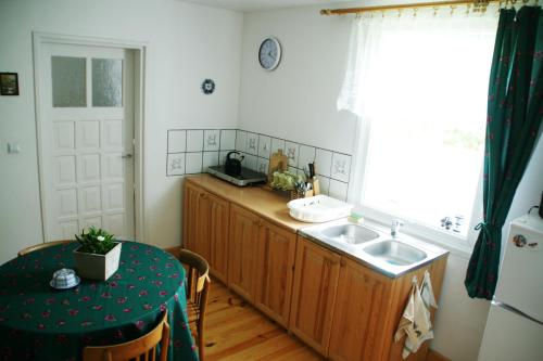 a kitchen with a sink and a table and a window at Chatka na Roztoczu in Bondyrz