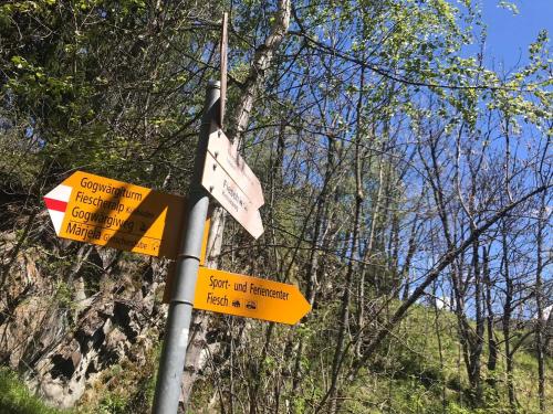 a pole with signs on it with trees in the background at Chalet Annabelle in Fiesch