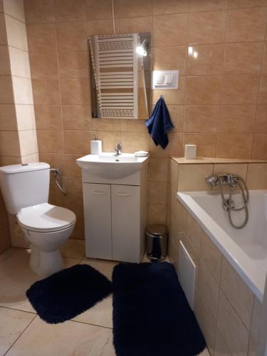 a bathroom with a toilet and a sink and a tub at Twoja Przestrzeń Noclegi Pokoje Mieszkanie Do Wynajęcia in Nowy Sącz