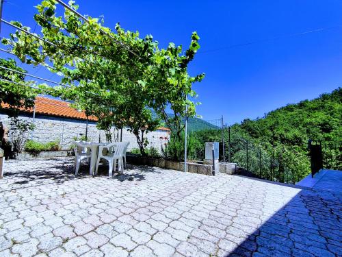 a patio with a white table and a tree at Casa rustica con terrazza e barbecue in Sessano Del Molise