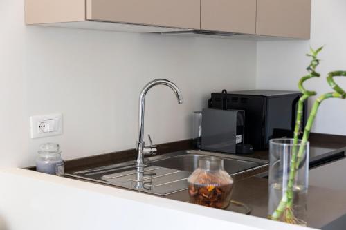 a kitchen sink with a faucet next to a microwave at DOMUS PINAE Casa vacanze in Pescara