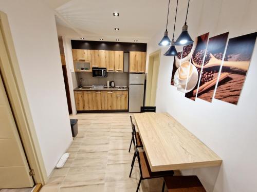 a kitchen and dining room with a wooden table and chairs at Apartmani Paku in Belgrade