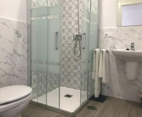 a bathroom with a shower and a toilet and a sink at Hostal Casa Enrique in Barres