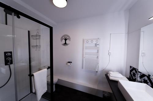 bagno bianco con doccia e lavandino di Les Chambres de la Vallée a Argenton-Château