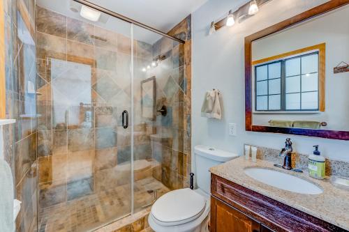 a bathroom with a shower and a toilet and a sink at Carroll Cabin in Tahoma