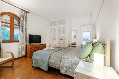 a bedroom with a bed and a tv in a room at Villa Scheria in Benitses