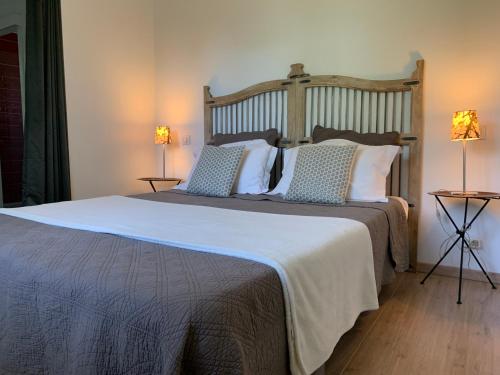 a bedroom with a large bed with a wooden headboard at Les Taouleres in Hastingues