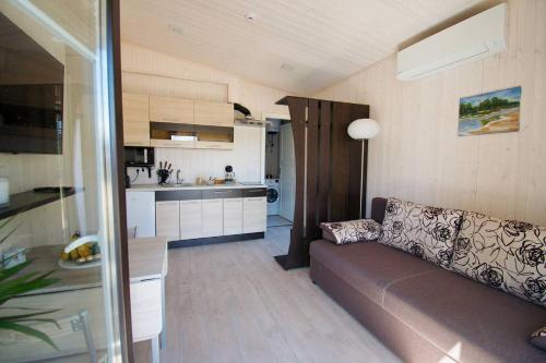 ein Wohnzimmer mit einem Sofa und einer Küche in der Unterkunft Villa Vlada in Saulkrasti